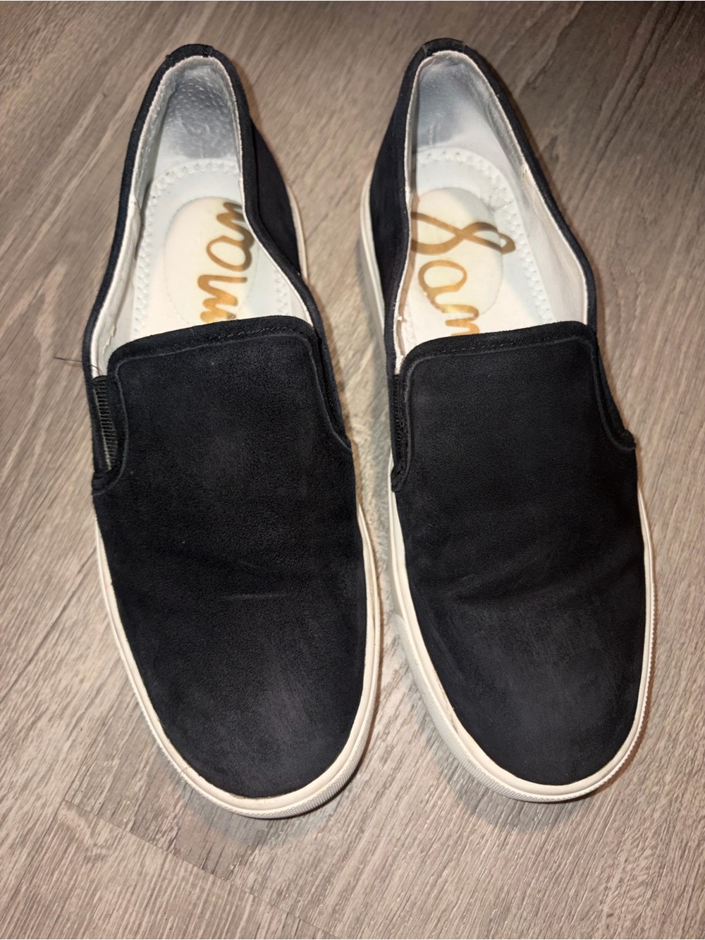 Sam Edelman Black Suede Slip-On Platform Sneakers with Silver Heel Stud size 9